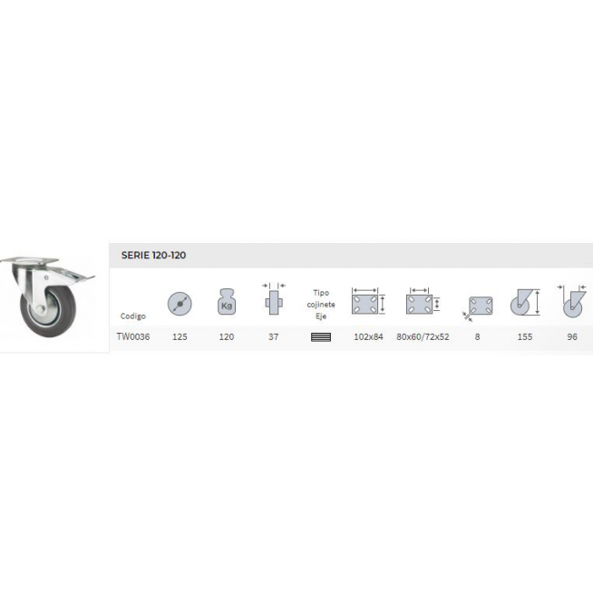 RUEDA GIR.125mm.C/PLACA GOMA NEGRA C/FRENO 120Kg.