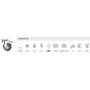 RUEDA GIR.125mm.C/PLACA GOMA NEGRA C/FRENO 120Kg.