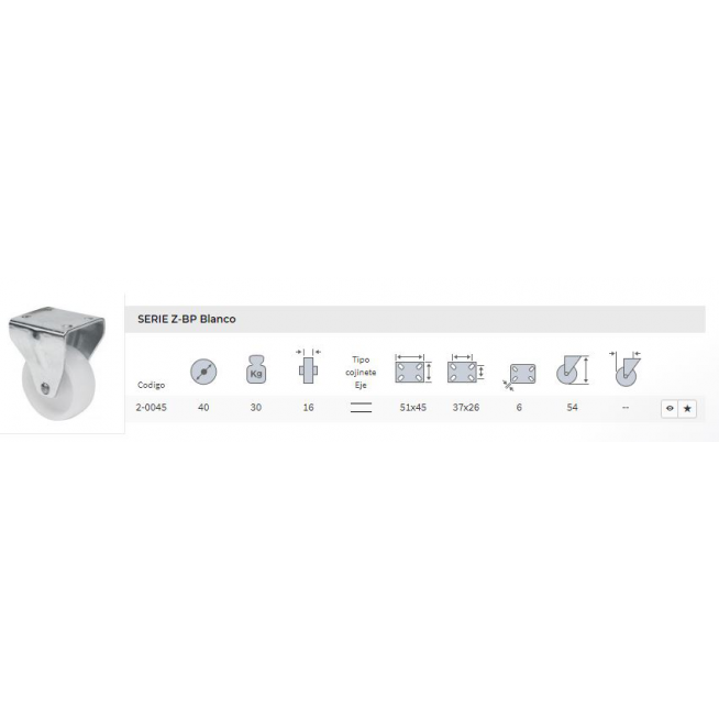 RUEDA FIJA 40mm.C/PLACA POL.BLANCO  30Kg.